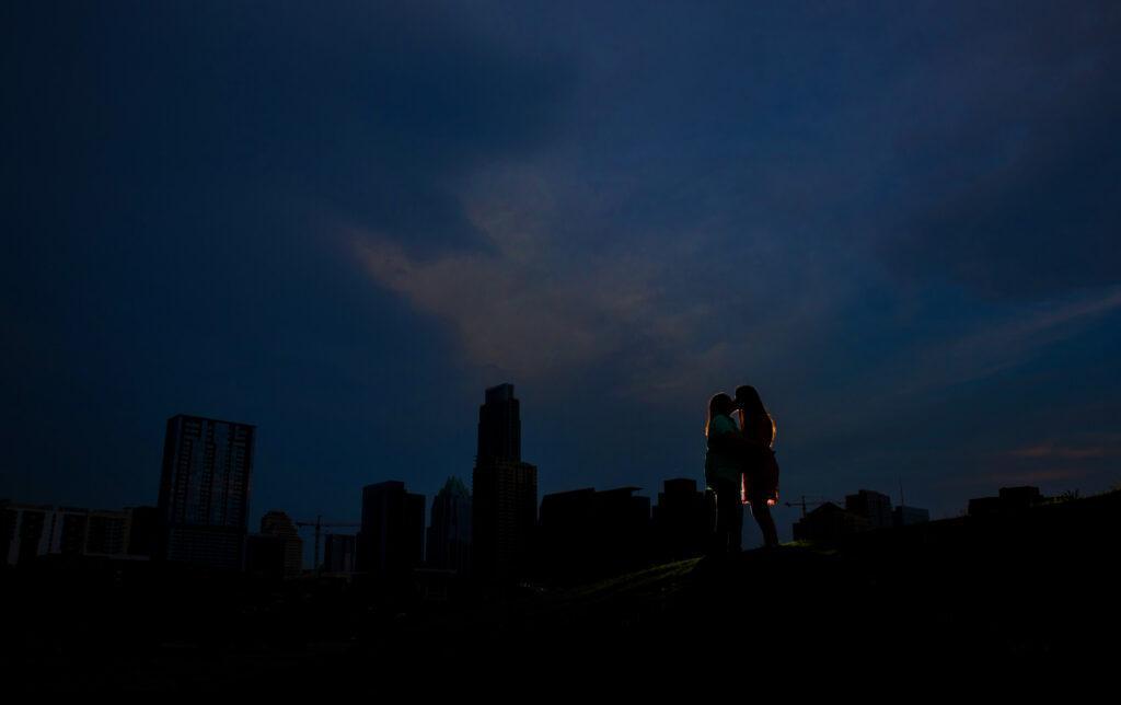 A sunset engagement session in Downtown Austin