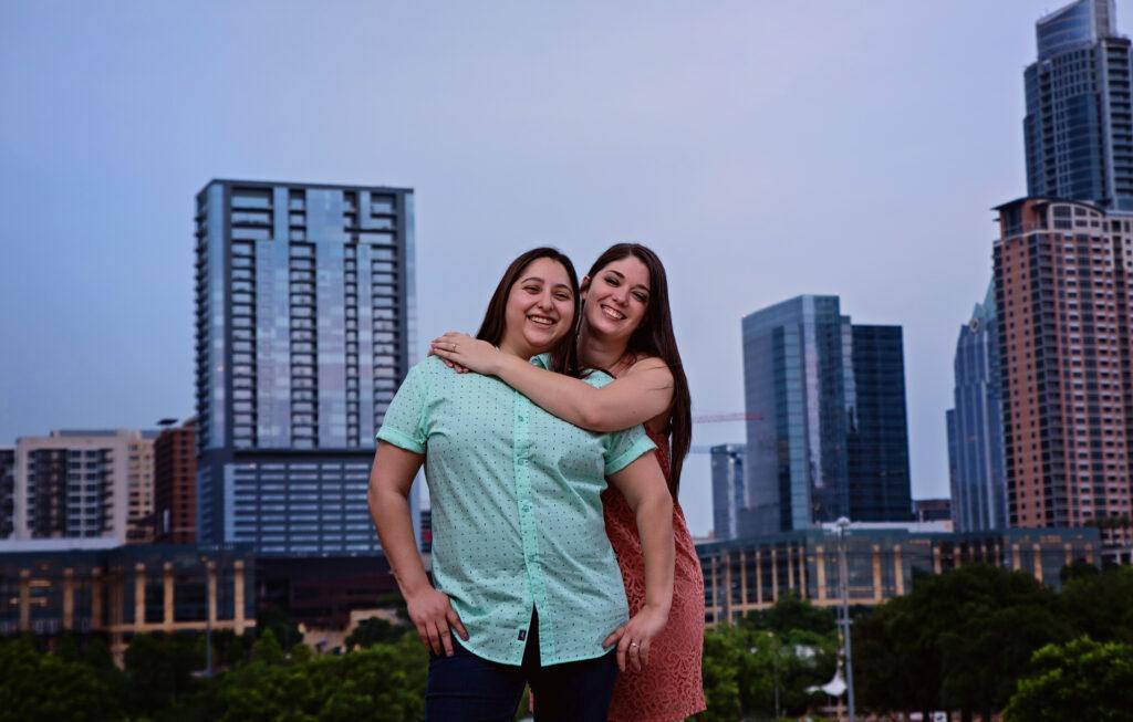 A same-sex couple at their engagement session in Austin